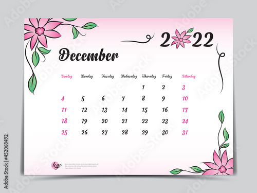Calendar 2022 template with pink flowers background, December  2022 template, Monthly calendar with flora natural patterns, Desk calendar design, Wall Calendar design, Planner, simple, vector eps10