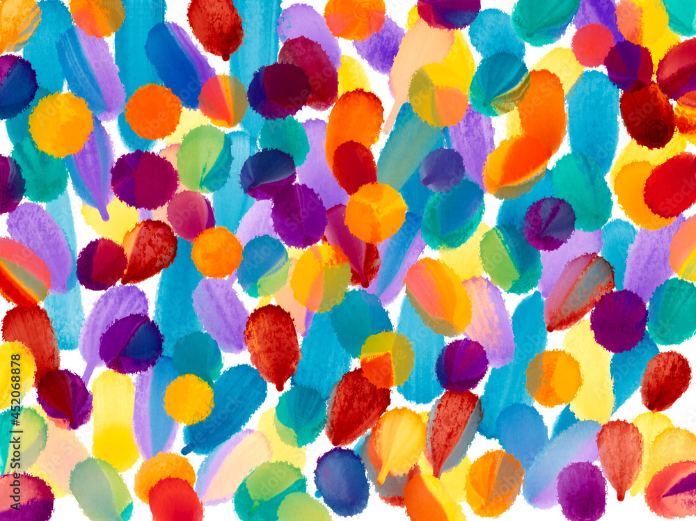 Watercolor imitation hand drawn polka dot background. Bright abstract brush strokes circled gradient design with multicolored stains on white background Watercolor imitation hand drawn polka dot background. Bright abstract brush strokes circled gradient design with multicolored stains on white background