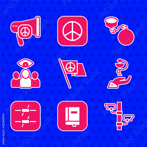 Set Peace, Law book, Security camera, Caduceus snake medical, Barbed wire, Spy, agent, Ball on chain and icon. Vector