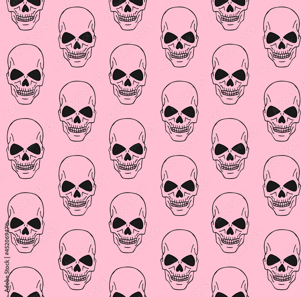 Vector seamless pattern of hand drawn doodle sketch human skull isolated on pink background Vector seamless pattern of hand drawn doodle sketch human skull isolated on pink background