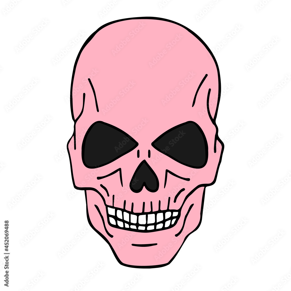Vector hand drawn doodle sketch pink human skull isolated on white background
