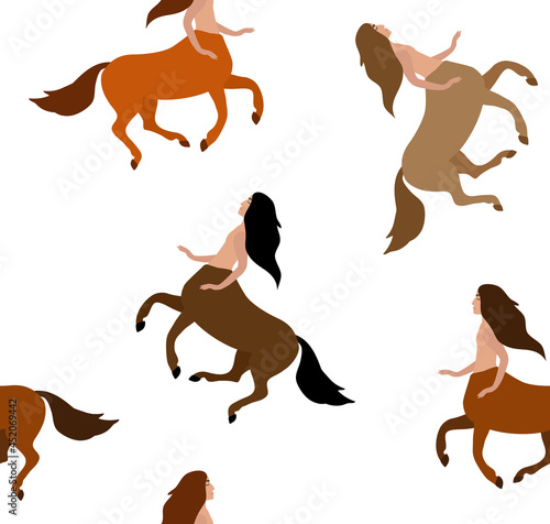 Vector seamless pattern of flat cartoon colored centaur isolated on white background