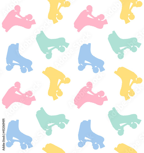 Vector seamless pattern of different color hand drawn retro quad roller skates isolated on white background