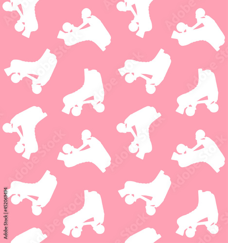 Vector seamless pattern of hand drawn retro quad roller skates isolated on pink background