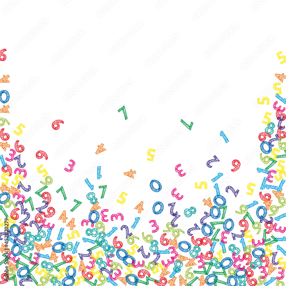 Falling colorful sketch numbers. Math study concept with flying digits. Exotic back to school mathematics banner on white background. Falling numbers vector illustration. Falling colorful sketch numbers. Math study concept with flying digits. Exotic back to school mathematics banner on white background. Falling numbers vector illustration.