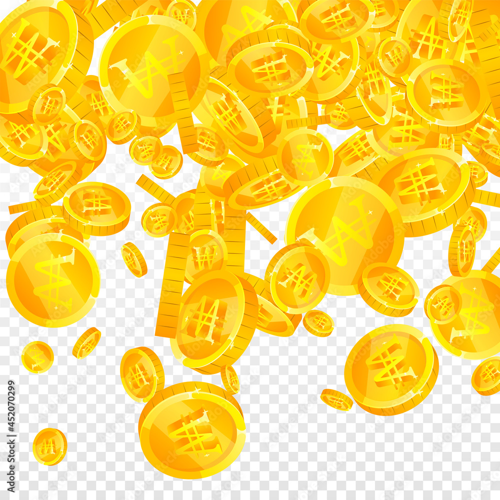 Korean won coins falling. Extra scattered WON coins. Korea money. Popular jackpot, wealth or success concept. Vector illustration.