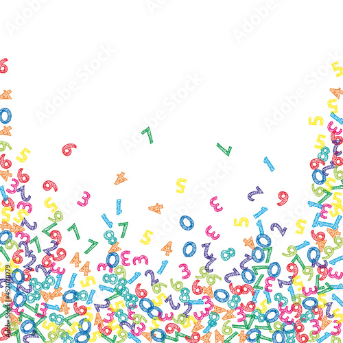 Falling colorful sketch numbers. Math study concept with flying digits. Exotic back to school mathematics banner on white background. Falling numbers vector illustration.