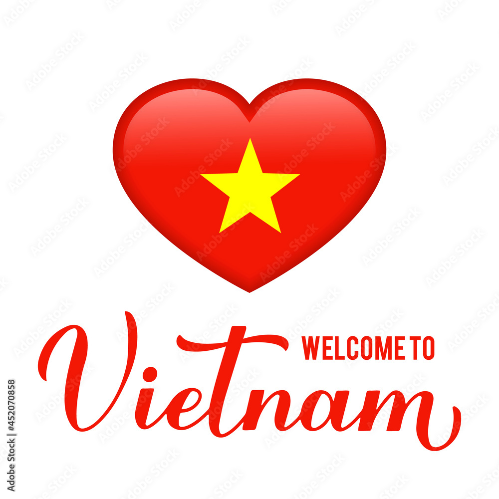 Welcome to Vietnam lettering with national flag in heart shape. Vector template for typography poster, postcard, banner, flyer, sticker, t-shirt