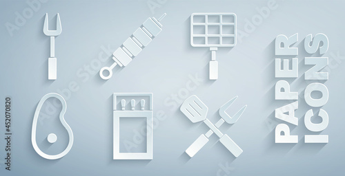 Set Matchbox and matches, Barbecue steel grid, Steak meat, Crossed fork spatula, Grilled shish kebab and icon. Vector