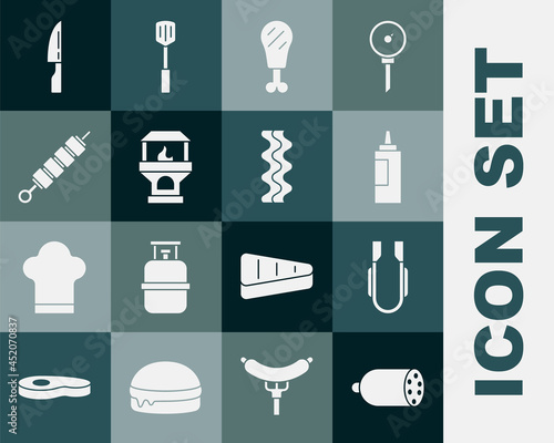 Set Salami sausage, Meat tongs, Sauce bottle, Chicken leg, Brick stove, Grilled shish kebab, Barbecue knife and Bacon stripe icon. Vector