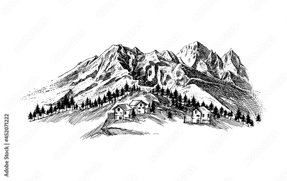 Mountain with pine trees and landscape black on white background. Hand-drawn rocky peaks in sketch style. Handcrafted illustration. Backpacking tourism, adventure and summer vacation concept.