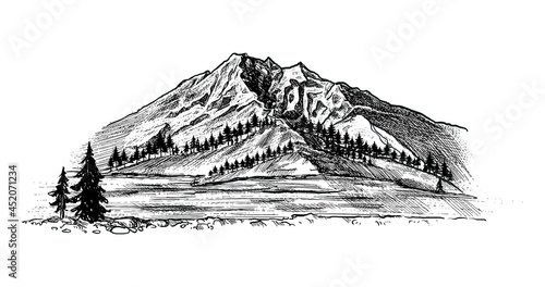 Mountain with pine trees and landscape black on white background. Hand-drawn rocky peaks in sketch style. Handcrafted illustration. Backpacking tourism  adventure and summer vacation concept.