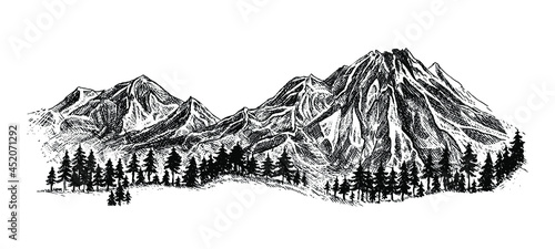 Mountain with pine trees and landscape black on white background. Hand-drawn rocky peaks in sketch style. Handcrafted illustration. Backpacking tourism  adventure and summer vacation concept.