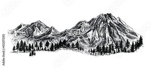 Mountain with pine trees and landscape black on white background. Hand-drawn rocky peaks in sketch style. Handcrafted illustration. Backpacking tourism, adventure and summer vacation concept.