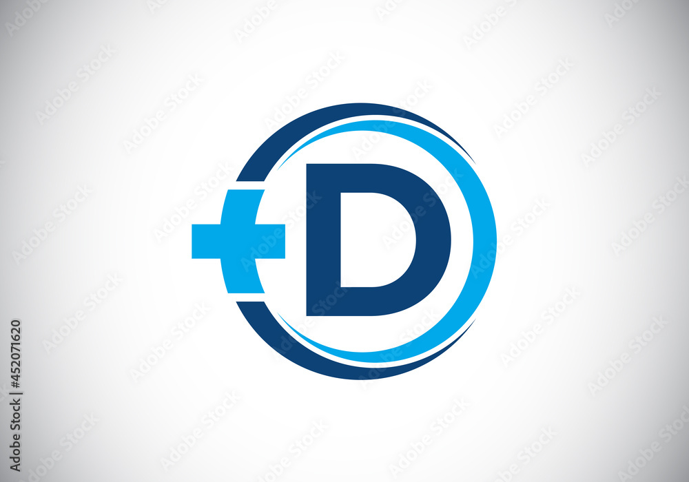 Initial D monogram alphabet in a circle with cross plus. Medical logo. Logo for pharmacy, clinic, medical or healthcare business, and company identity Initial D monogram alphabet in a circle with cross plus. Medical logo. Logo for pharmacy, clinic, medical or healthcare business, and company identity
