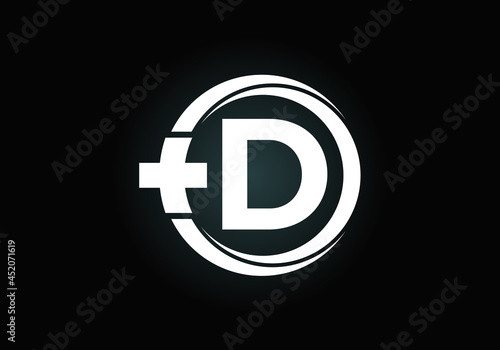 Initial D monogram alphabet in a circle with cross plus. Medical logo. Logo for pharmacy, clinic, medical or healthcare business, and company identity