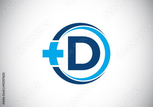 Initial D monogram alphabet in a circle with cross plus. Medical logo. Logo for pharmacy, clinic, medical or healthcare business, and company identity