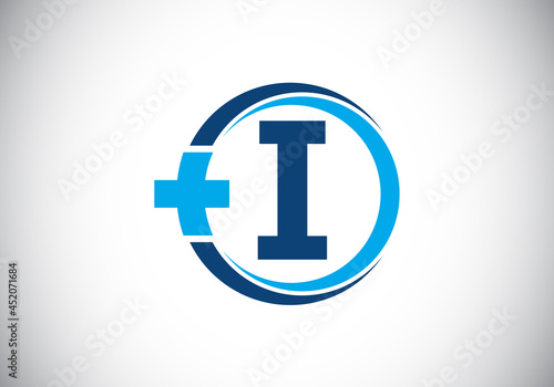 Initial I monogram alphabet in a circle with cross plus. Medical logo. Logo for pharmacy, clinic, medical or healthcare business, and company identity