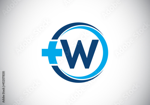 Initial W monogram alphabet in a circle with cross plus. Medical logo. Logo for pharmacy, clinic, medical or healthcare business, and company identity