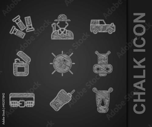 Set Sun, Walkie talkie, Rhinoceros, Hippo or Hippopotamus, Hunting cartridge belt, Lighter, Off road and Cartridges icon. Vector