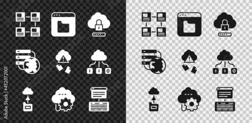 Set Hierarchy organogram chart, Browser files, Cloud computing lock, technology data transfer, Server, Data, Web Hosting, Network cloud connection and hacking icon. Vector