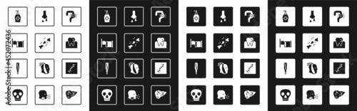 Set Gut constipation, Human broken bone, Hospital bed, Liquid antibacterial soap, Tooth with caries, Runny nose, Scar suture and Medical thermometer icon. Vector