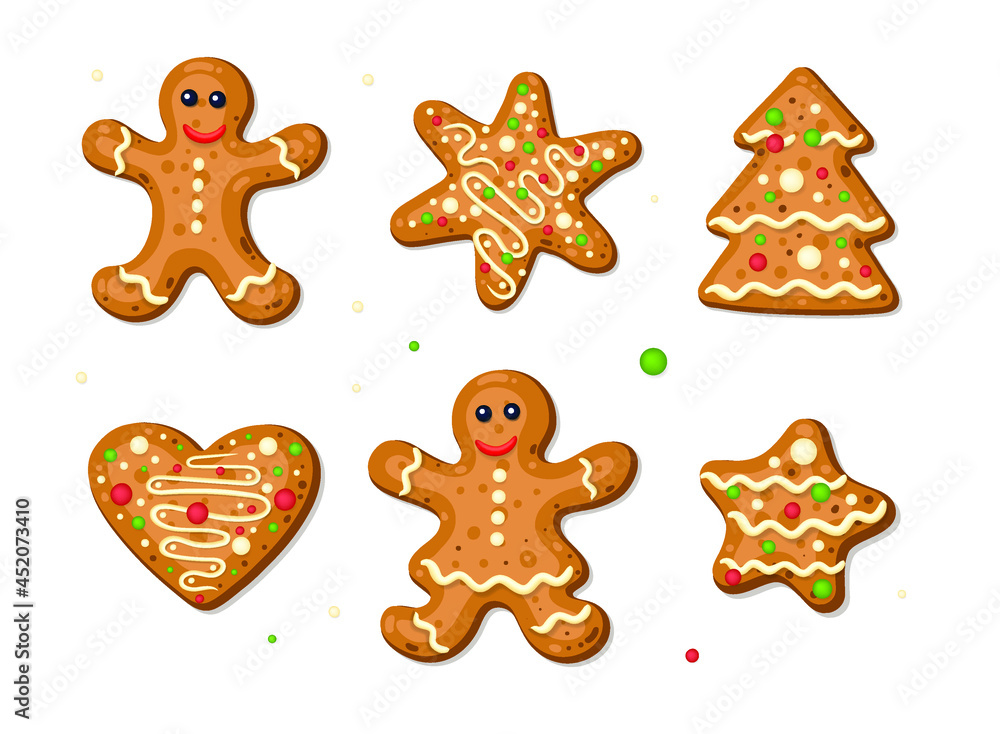 Set of cute gingerbread woman, man, star, tree, heart isolated on white background. New year and Christmas cookies decorations. Set of cute gingerbread woman, man, star, tree, heart isolated on white background. New year and Christmas cookies decorations.