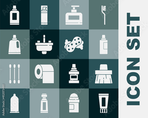 Set Tube of toothpaste, Handle broom, Bottle for cleaning agent, shampoo, Washbasin with water tap, and Sponge icon. Vector