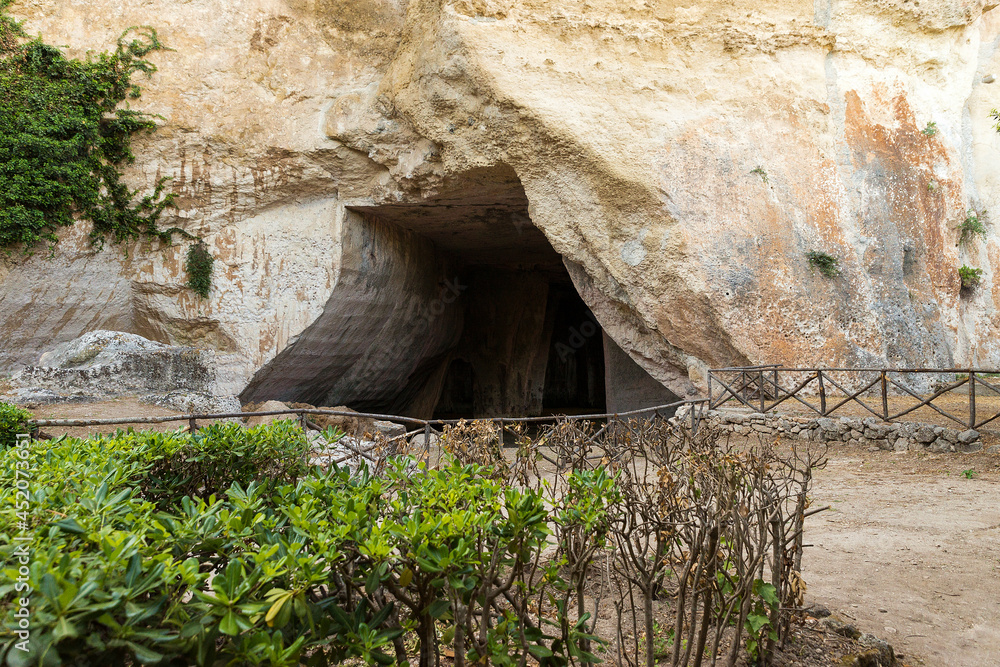 Natural Landscapes of The Neapolis Archaeological Park (Grotta dei Cordari) in Syracuse, Sicily, Italy