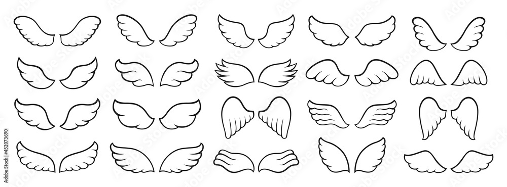 Wings icon black simple set. Sign design elements. Winged line logo, angel or feather bird two wing. Modern minimalistic icons abstract vector