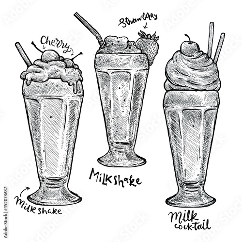 Classic strawberry milkshake with Cream in Glass. Milk shake sketch style vector illustration. Old hand drawn engraving imitation. Sweet food illustration.