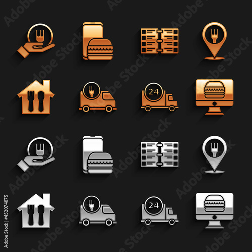 Set Fast delivery by car, Cafe and restaurant location, Online ordering, Restaurant cafe menu, and icon. Vector