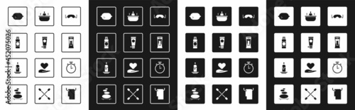 Set Eye sleep mask, Cream or lotion cosmetic tube, Lemon, Bottle of shampoo, Bathtub, Stopwatch and Burning candle icon. Vector