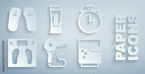 Set Hair dryer, Stopwatch, Bathroom scales, Glass with water, Bottle of shampoo and Slipper icon. Vector
