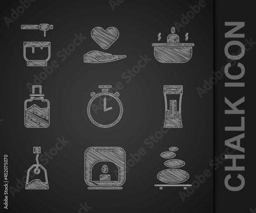 Set Stopwatch, Aroma lamp, Stack hot stones, Bottle of shampoo, Tea bag, Spa salt, Bathtub and Honey dipper stick and bowl icon. Vector