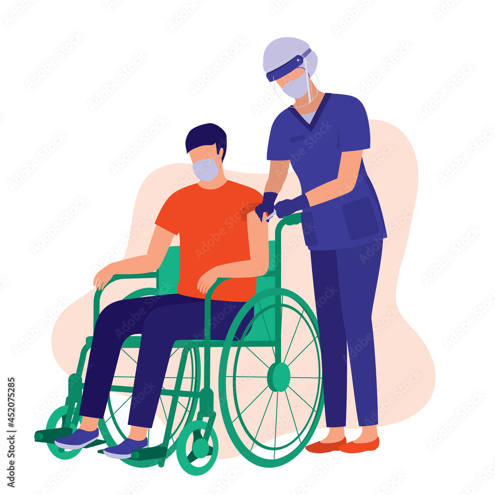 Disabled Man With Protective Face Mask Receiving COVID-19 Vaccine In His Upper Arm. COVID-19 Vaccination. Disabled Man With Protective Face Mask Receiving COVID-19 Vaccine In His Upper Arm. COVID-19 Vaccination.