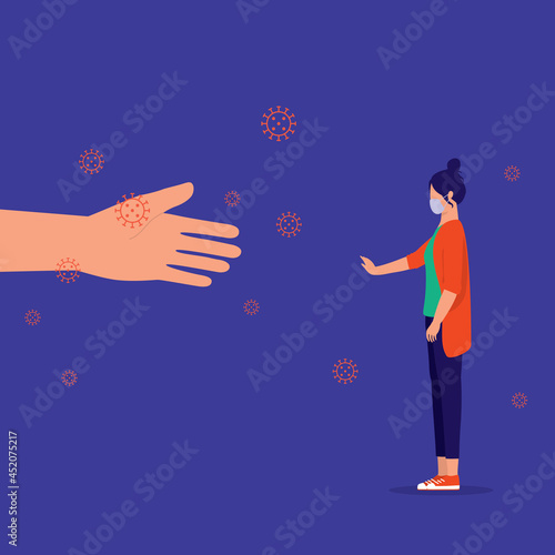 Young Woman With Protective Face Mask Refuses Handshake To Protect Herself From COVID-19. Coronavirus Prevention.
