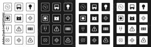 Set Light bulb with concept of idea, Car battery, Electric light switch, circuit scheme, Processor microcircuits CPU, Fuse, Electrical outlet and Audio jack icon. Vector