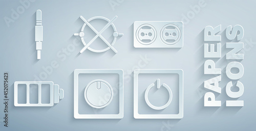 Set Electric light switch, Electrical outlet, Battery charge level indicator, circuit scheme and Audio jack icon. Vector