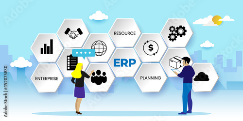 IT manager analyzing the architecture of ERP (Enterprise Resource Planning), ERP, enterprise resource planning. Productivity and improvement Concept, can use for, landing page, template, ui, web. photo