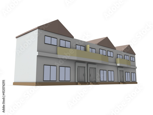 テラスハウスの建築模型。白バック。3Dレンダリング。 © CYCLONE