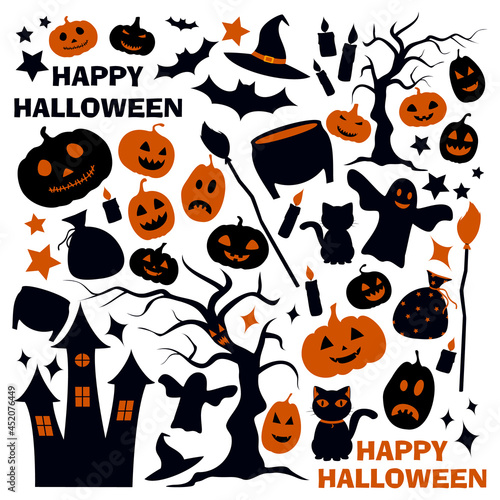 Halloween silhouettes set, pumpkin, ghost, castle, star, candle, tree, broom, potion, witch hat, cauldron, sack, bat, happy halloween, background, vector illustration