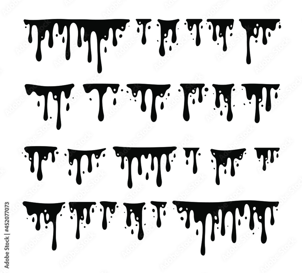 Black Melting Paint Abstract Liquid Vector Elements Isolated on White Background. Border and Drips Ink Set. Vector Illustrations.
