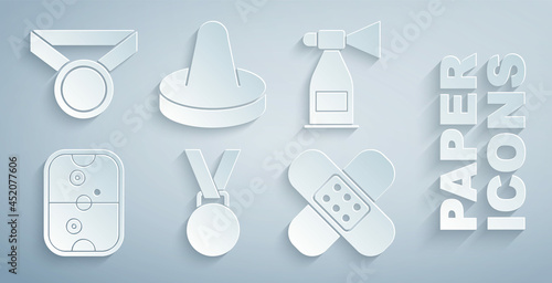 Set Medal, Air horn, hockey table, Crossed bandage plaster, Mallet for playing air and icon. Vector