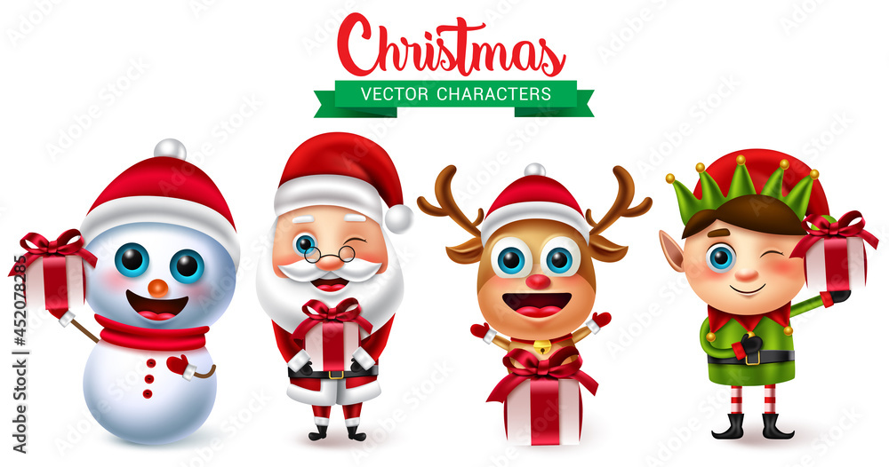 Christmas vector character set. Christmas characters like snow man, santa claus, reindeer and elf with gifts element for xmas holiday gift giving collection design. Vector illustration.
Christmas vector character set. Christmas characters like snow man, santa claus, reindeer and elf with gifts element for xmas holiday gift giving collection design. Vector illustration.
