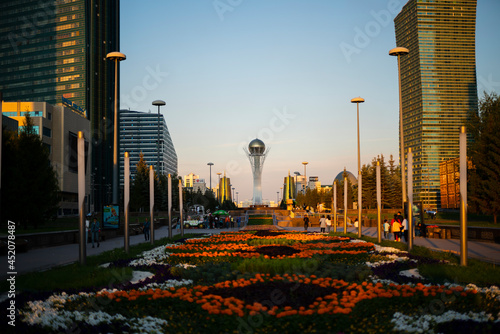 Nur-Sultan, Kazakhstan - July, 2021 - Modern office buildings at the Nurzhol boulevard Bayterek Monument. High quality photo photo