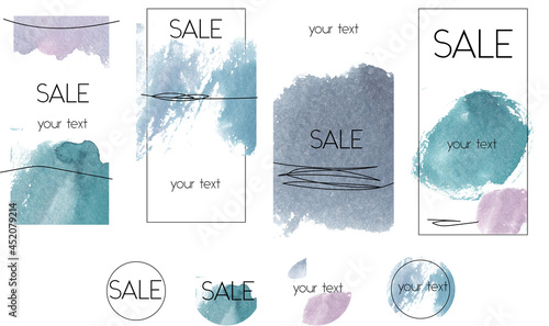 Tender watercolor templates for stories and highlight blue
