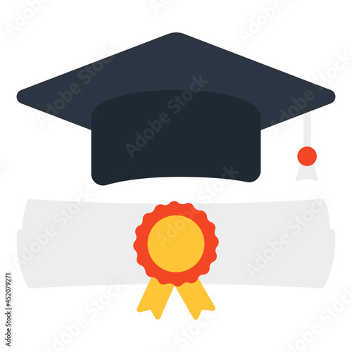 Mortarboard with folded paper, flat design of degree icon