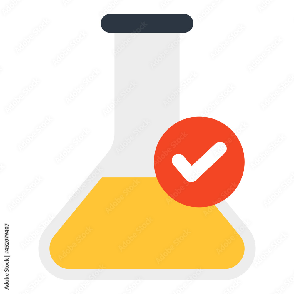 Chemical flask with tick mark, icon of verified flask Chemical flask with tick mark, icon of verified flask