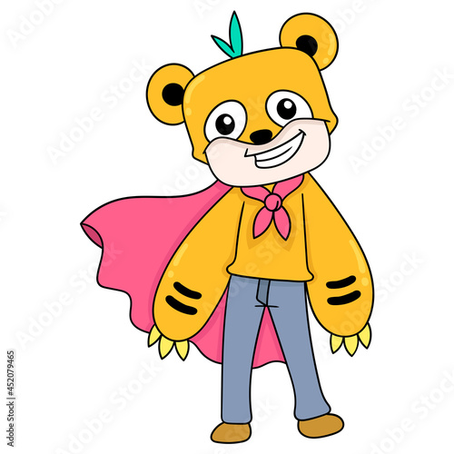 person wearing purple bear costume acting superhero, doodle icon image kawaii